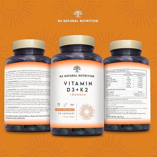 Detalle 2 de N2 Natural Nutrition Vitamina D3 y K2 (MK7) 5000 UI + 200 µg, con Silicio y Bamboo. 150 cápsulas