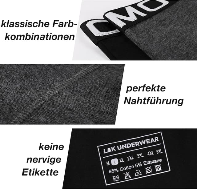 Detalle de L&K Boxershorts Herren (5er/10er Pack) aus Baumwolle mit Elasthan – bequeme Alltags-Unterwäsche