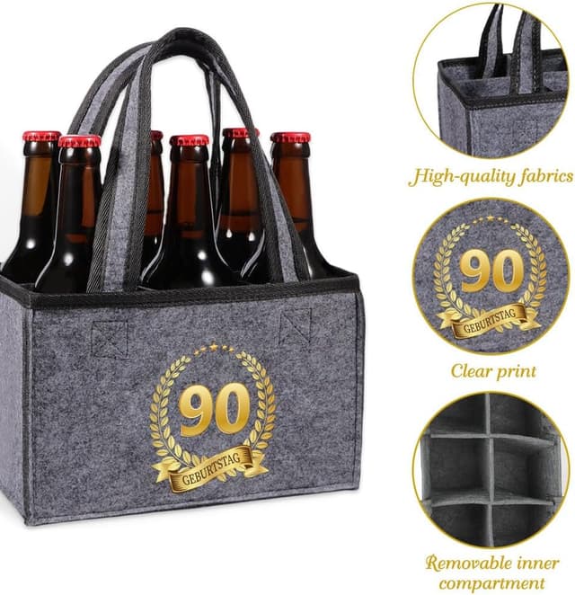 Detalle de KHstylehoo Geschenk zum 90. Geburtstag: Männerhandtasche Bier aus Filz für bis zu 6 Flaschen
