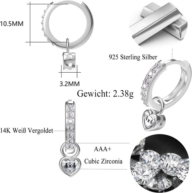Detalle de Ohrringe Silber 925 Hängende Creolen mit Herz und Zirkonia (14K Weißgold vergoldet) – für Damen & Mädchen
