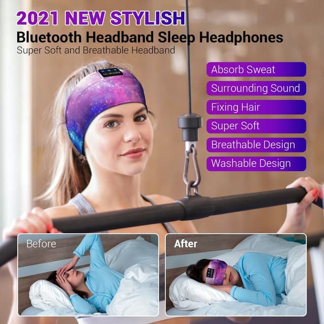 Detalle 2 de LC-dolida Sleep Headphones Bluetooth Headband with Stereo Speakers, Sleep Mask & Microphone