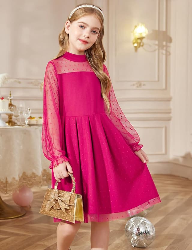 Detalle 2 de Arshiner Girls Contrast Mesh Puff Long Sleeve Mock Neck Formal Tulle A-Line Dress