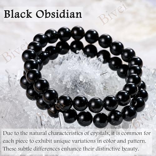 Detalle de Bivei Obsidiana Negra “Fuerza” – Pulsera de cuentas elástica de obsidiana natural (8 mm)