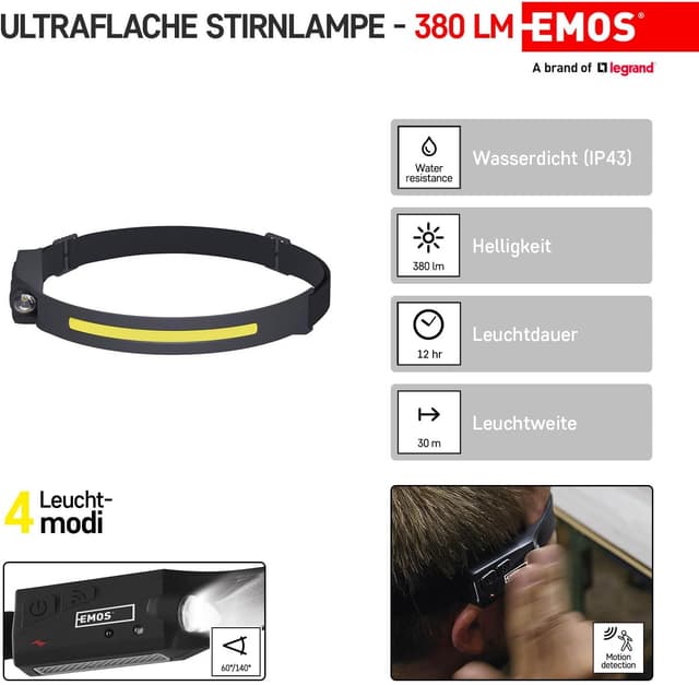 Detalle de EMOS lampada frontale ricaricabile con sensore di movimento e 4 modalità, 380 lm