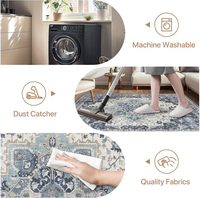 Detalle de GENIMO Läufer Flur rutschfest 80x300 cm – waschbarer Vintage-Teppich für Flur, Küche & Schlafzimmer