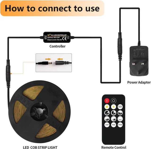 Detalle de SIRYYUI COB LED Strip Lights 5m (Warm White 2700K) with RF Remote & DC24V Power Supply