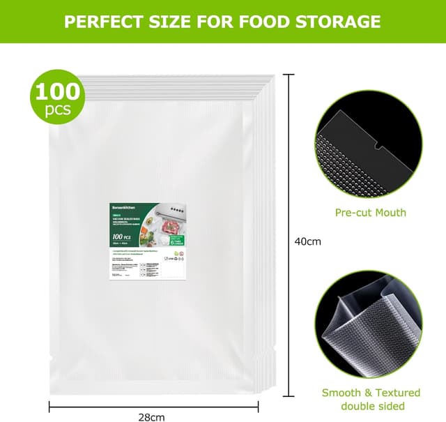 Detalle 1 de Bonsenkitchen Bolsas de Vacío Reutilizables 🍽️, 100 Unidades, 28x40 cm