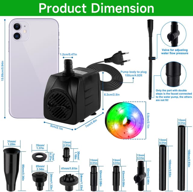 Detalle 2 de NATPOW Springbrunnenpumpe für außen mit LED (RGB), 800 l/h, 3 m Kabel und 3 Düsen
