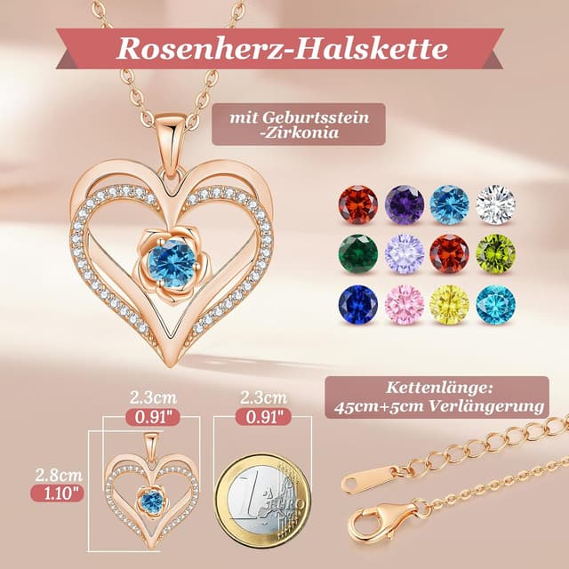 Detalle 2 de CDE Damen-Halskette Rosegold Herz mit Sterling Silber 925 & Geburtsstein (Anhänger) – Geschenk für Mama