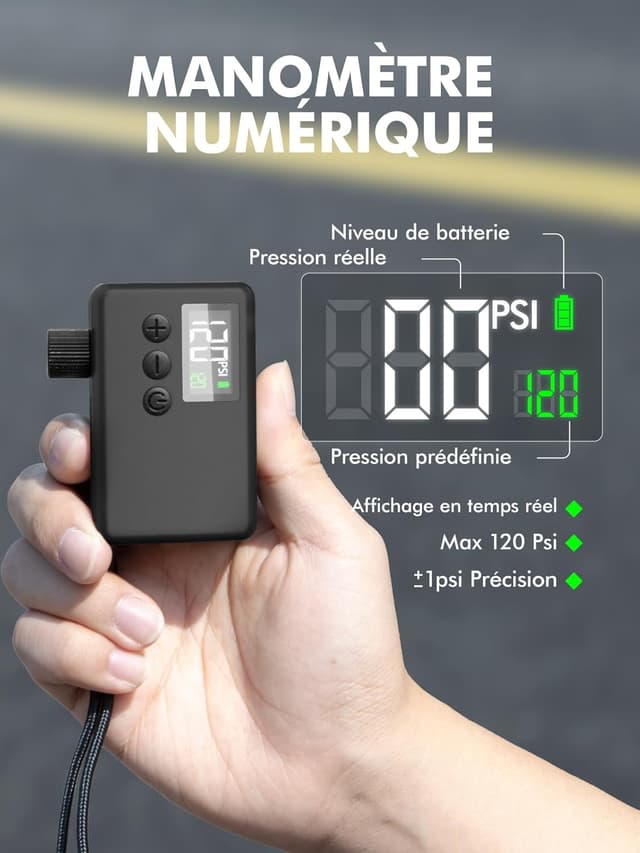 Detalle de GPUTEK Pompe à vélo électrique compacte avec manomètre LED et arrêt automatique (compatibles valves Presta et Schrader)
