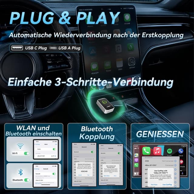 Thumbnail 6 de Hiloshine Wireless CarPlay Adapter & Android Auto Wireless Adapter (Plug & Play) – 2-in-1, mini, mit Auto-Reconnect für Autos ab 2016