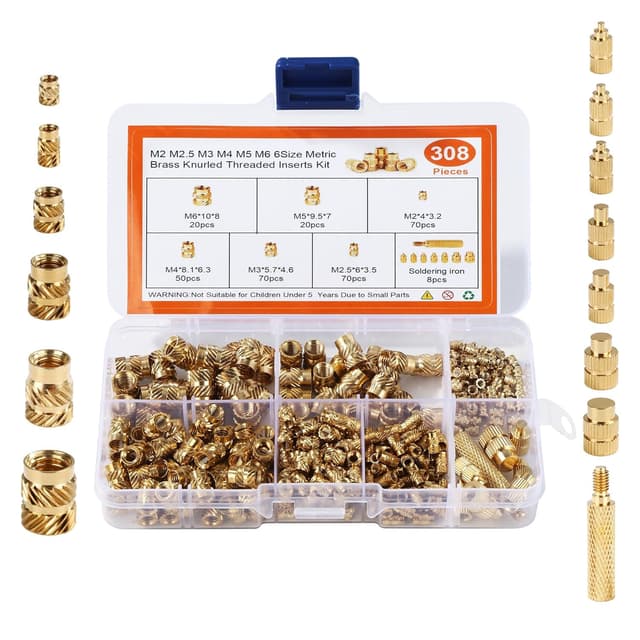 Detalle de Set 308 inserti filettati con scatole in plastica per stampa 3D (M2–M6) e utensili per inserimento a caldo in ottone