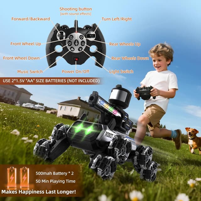Detalle de Daxiongmao Remote Control Robot Dog Toy with LED Eyes, Gesture Control & Water-Shooting Turret (Black)