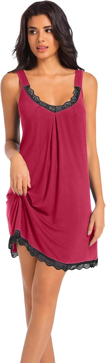 Detalle de SHCNSJC Damen-Nachthemd mit Spitze aus Modal/Elasthan – ärmellos, kurz