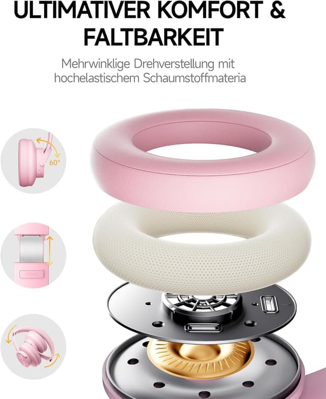 Detalle 2 de Picun B8 Bluetooth-Kopfhörer kabellos (On-Ear/Over-Ear), 3 EQ-Modi, Freisprechen und bis zu 120 Stunden Akku – Rosa