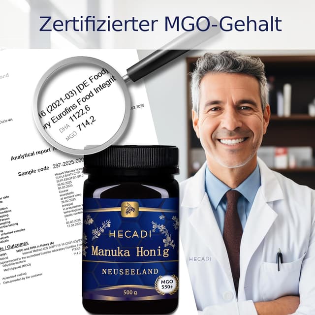 Detalle de Hecadi® Manuka Honig 550+ MGO, Original aus Neuseeland (monofloral), 500 g