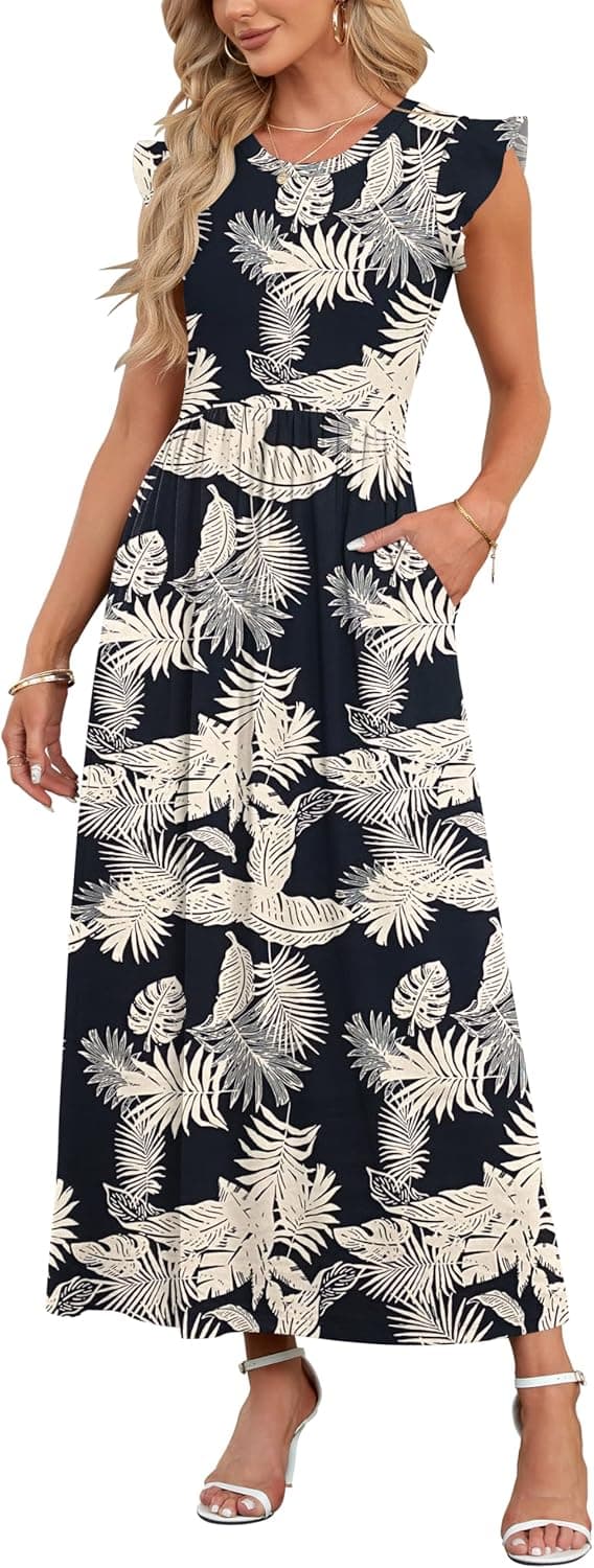 Detalle 2 de AUSELILY Damen Sommer-Maxikleid mit Rundhalsausschnitt, Taschen und Rüschen