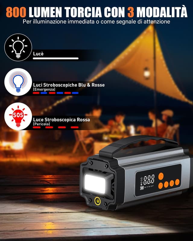 Detalle de Onherm 7-in-1 Booster Avviatore auto con compressore 150 PSI, 2000A e torcia, per batterie 12V benzina e diesel