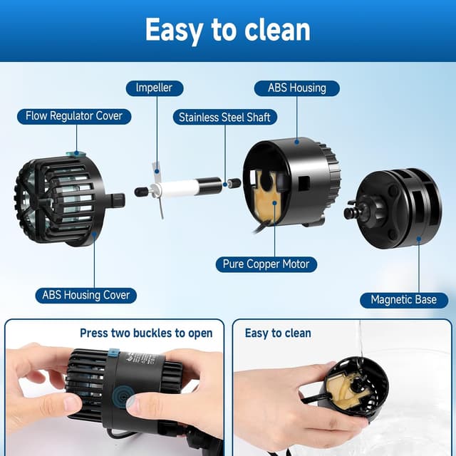 Detalle de AQQA Aquarium Wave Maker Pump (12W) – Ultra quiet 360° adjustable circulation powerhead for 280–560L tanks