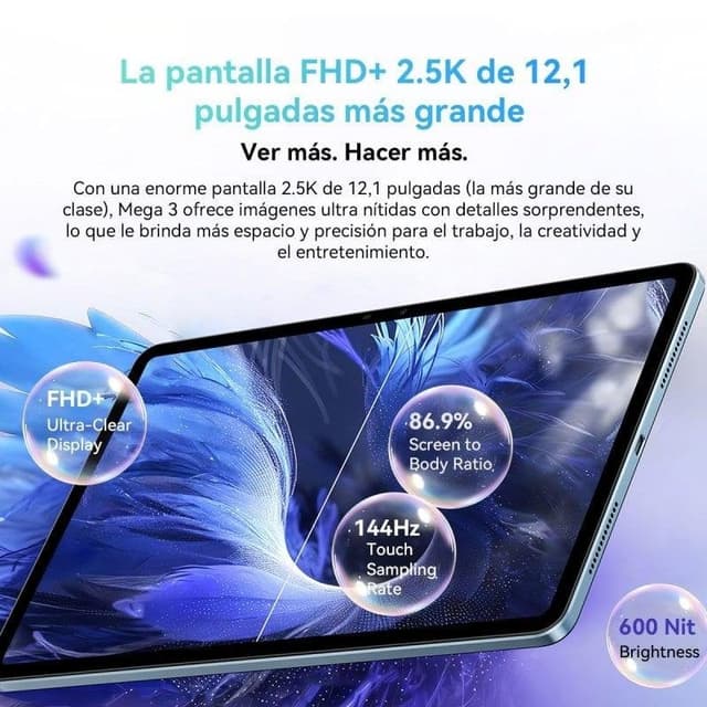 Detalle de Blackview Mega 3 (12GB/256GB) con MediaTek G100, pantalla 12,1" 2.5K y 4G, azul
