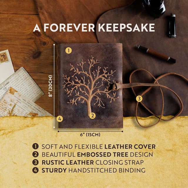 Detalle de moonster® Diario in Pelle Vintage Albero della Vita: 240 pagine bianche in carta di cotone, rilegato a mano