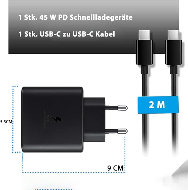 Detalle de Caricabatterie USB‑C da 45W con cavo rapido 2 m per Samsung Galaxy S e Tab (Power Delivery)
