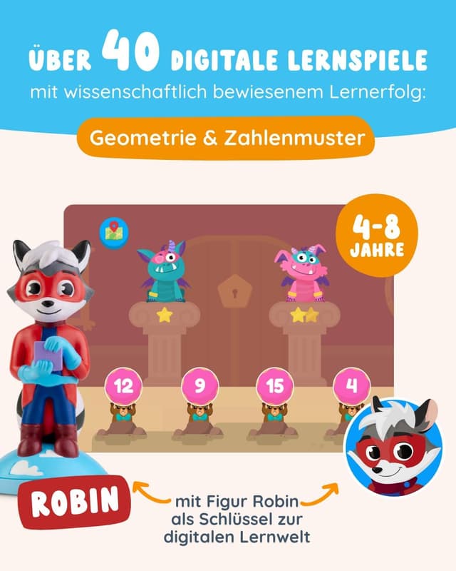 Detalle 2 de Edurino Figur Robin: Geometrie- & Zahlenmuster-Lernspiel (ab 4 Jahren) inkl. App