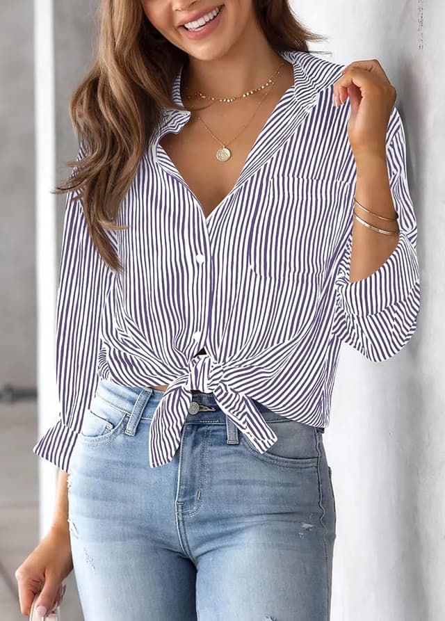 Detalle de NONSAR chemisier femme à rayures en coton à manches longues et boutons