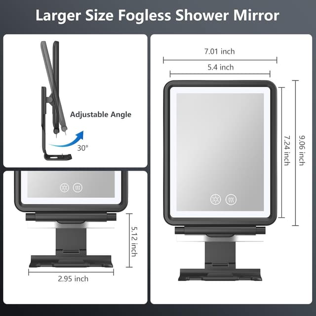 Detalle 2 de Heated Fogless Shower Mirror for Shaving with Razor Holder, Rechargeable Anti-Fog Mirror and Stepless Dimmable Lights