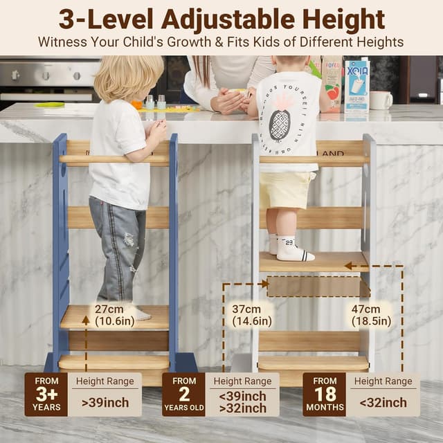 Detalle de COSYLAND Height Adjustable Toddler Standing Tower (3 Levels) – Super Stable Wooden Kitchen Stool Helper