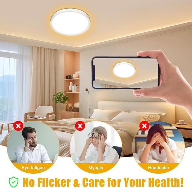 Detalle de Befurglor 24W LED Ceiling Light Ø 28.5cm (3000K Warm White, 2200lm) – IP44 flush mount for bathroom & kitchens