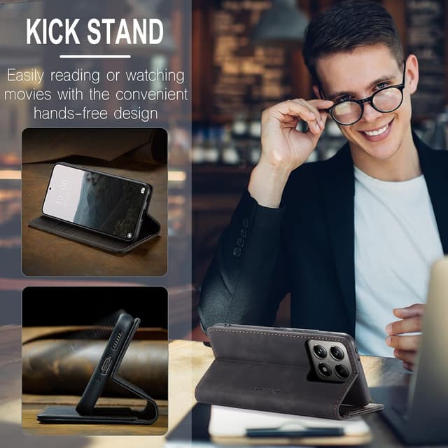 Detalle de Cracedily Handyhülle für Xiaomi 14T Pro: Klapp-Flipcase mit Kartenfach, Magnetverschluss und Standfunktion (Schwarz)