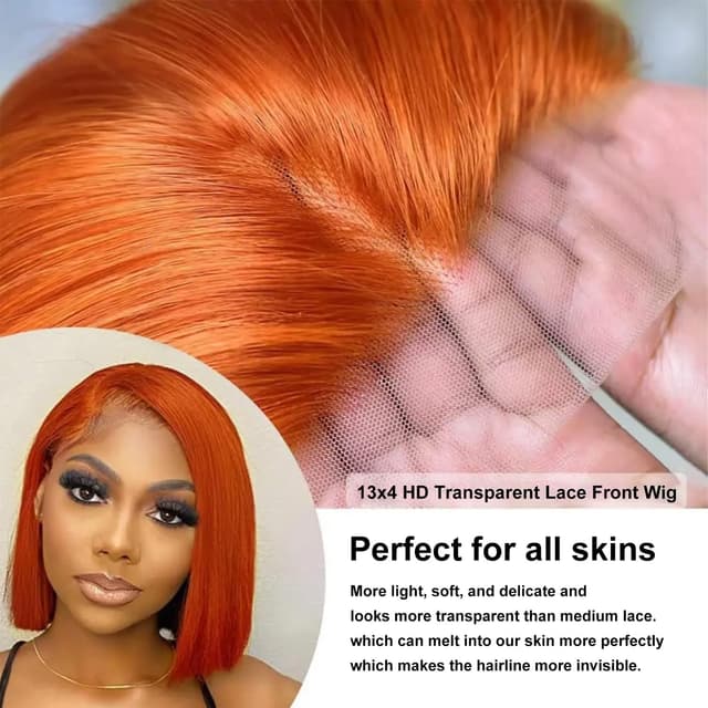 Detalle de FFEGG Ginger Orange Bob Wig (13x4 HD Transparent Lace Frontal, Human Hair) — Straight Short Bob