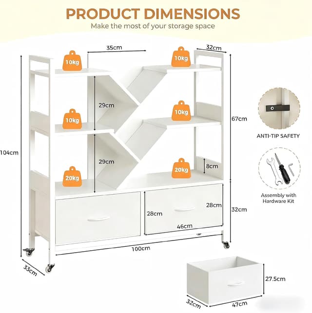 Detalle de IRONCK Bookcase with 2 Drawers, Metal Frame Storage Shelf on Wheels (100x32x100cm) – White