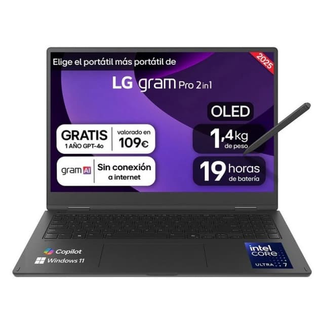 Detalle de LG Gram Pro 2-en-1 16T90TP-K (16") con Intel Core Ultra 7, 32GB, 1TB SSD, OLED táctil y stylus