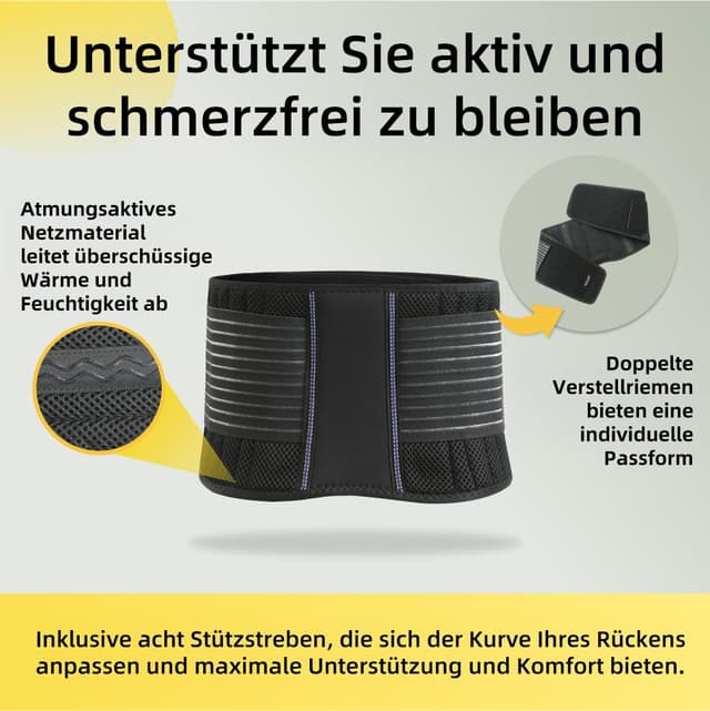 Detalle de BraceUP Rückengurt Rückenstützgürtel mit atmungsaktivem Mesh – Lendenwirbelstütze für Herren & Damen (XXL 110–135 cm)