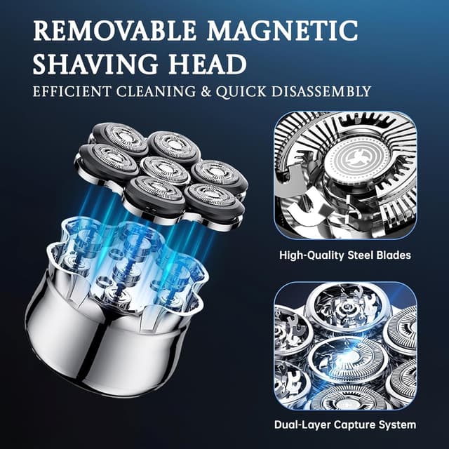 Detalle de Electric Head Shavers for Men – IPX6 Waterproof Wet & Dry Razor with USB-C Fast Charging, 7D Rotating Blade System