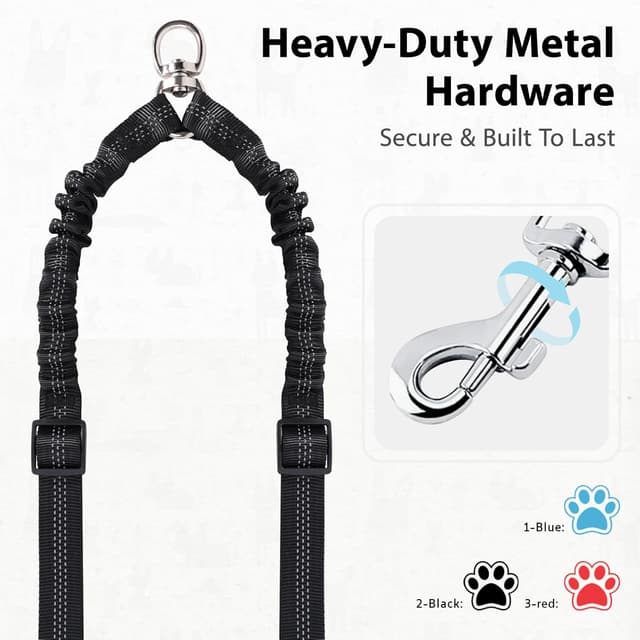 Detalle de Double Dog Lead for 2 Dogs (No Tangle) with 360° Swivel, Reflective & Shock-Absorbing Bungee Handle – Black