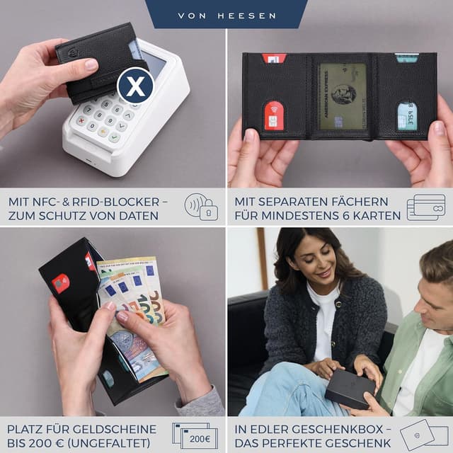 Detalle de VON HEESEN Leder Slim Wallet Geldbeutel mit RFID-Schutz – Mini-Kartenetui aus Echtleder