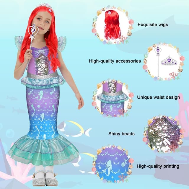 Detalle de AYBUY Vestito Principessa Sirena con parrucca e 3 accessori per cosplay, Halloween e Natale