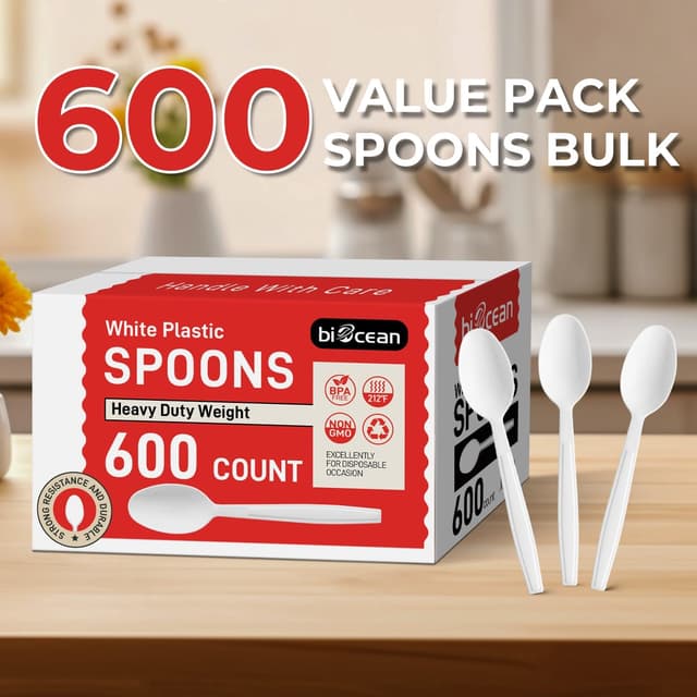 Thumbnail 6 de 600Pack Disposable Plastic Spoons (Heavy-Duty) White Teaspoons for Parties, Restaurant & Takeout