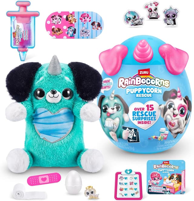 Detalle de Rainbocorns Puppycorn Rescue Surprise Peaches the Sausage collectable plush with 12+ surprises (Peel & Reveal heart)