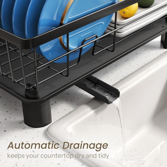 Detalle de Dish Drying Rack Small with Drainboard, Utensil Holder & Stainless Steel Frame (Black) – Compact Countertop Drainer