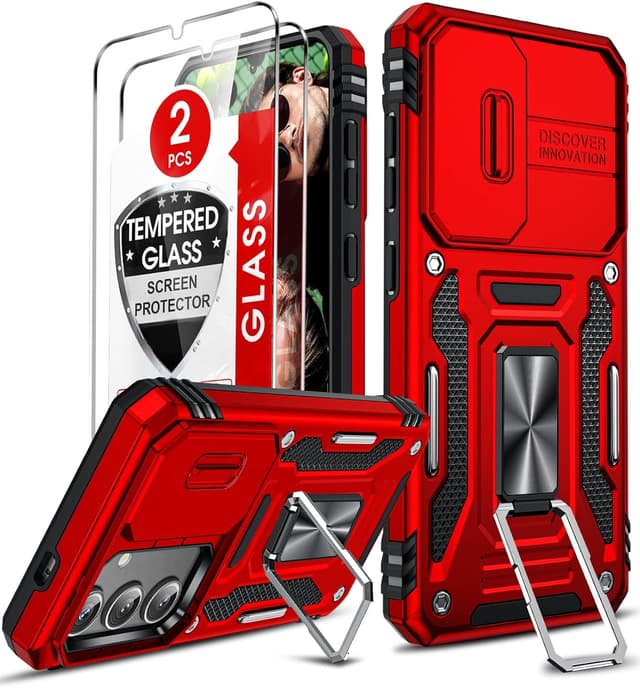 Detalle de LeYi for Samsung Galaxy S25 phone case with sliding camera lens cover and rotatable kickstand (Red)