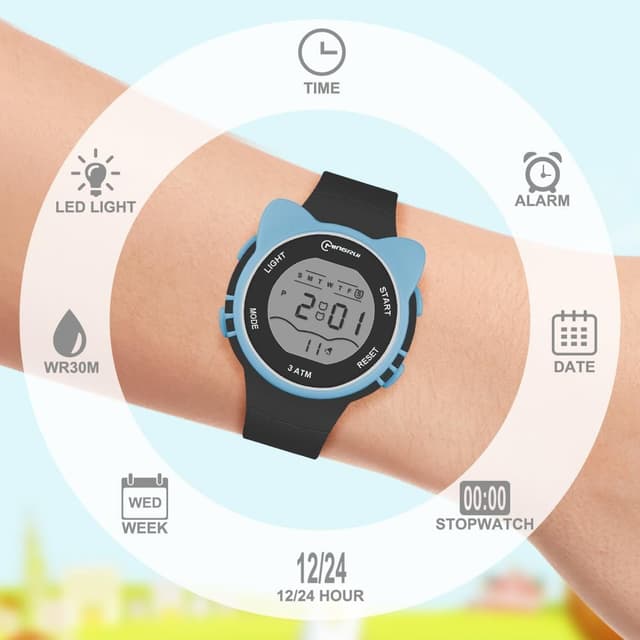 Detalle de OFFCUP Kids Digital Watch (30m Waterproof) for Girls & Boys with PU Strap and LED Light
