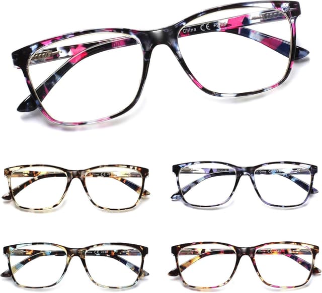Detalle de Kerecsen 5 Pack Ladies Reading Glasses with Blue Light Blocking Lenses (Spring Hinge, Fashion Print Frames)