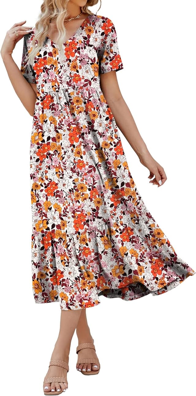 Thumbnail 6 de Women's 2026 Summer Short Sleeve V-Neck Swing Dress with Tiered Maxi Skirt and Pockets