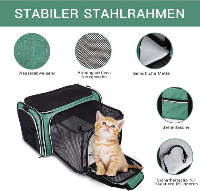 Detalle de BAGLHER Expandable Cat Carrier with Travel Litter Box (Green) – collapsible, leak-proof travel crate