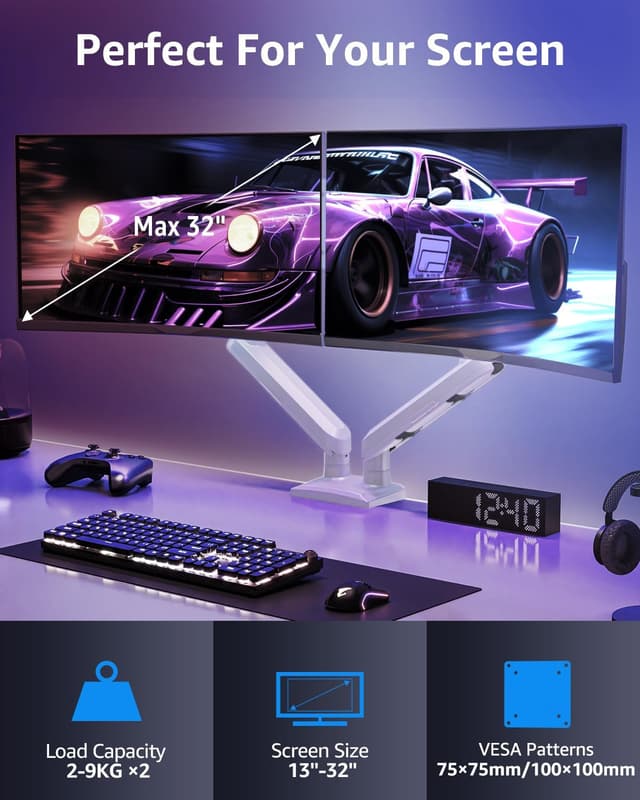 Detalle 2 de ELIVED EV6012W Supporto per monitor doppio (2 monitor) 13–32" con VESA 75/100 mm, bianco