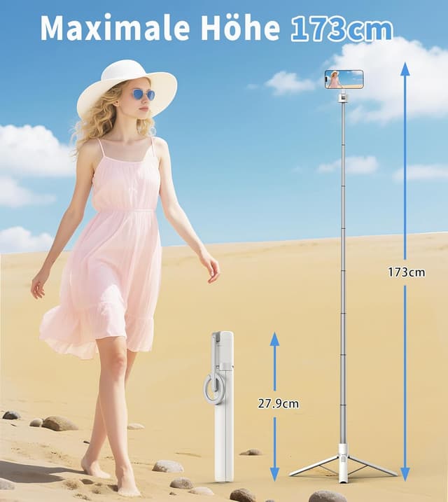 Detalle 2 de TONEOF 173 cm magnetischer Selfie-Stick mit Stativ, ausziehbarer Aluminium-Handyhalter (MagSafe-kompatibel) inkl. Fernbedienung